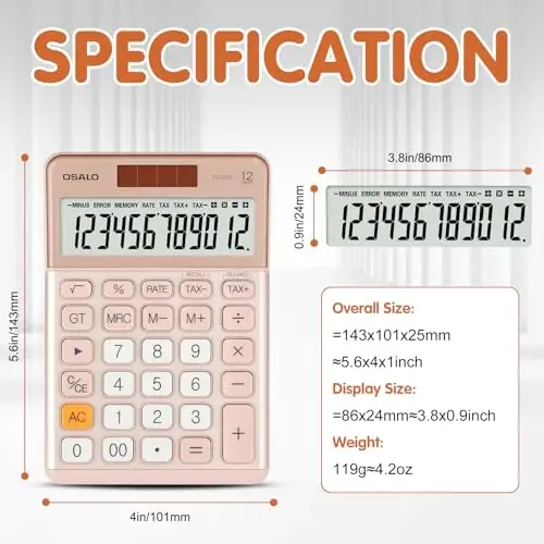 Pendancy Office Small Calculator Desktop with Tax+/- for Tax Calculation, 12 Digit Large LCD Display, Solar Battery Power, Durable Portable Design, Financial Accounting Business Home Use(OS-200T-Pink) - 2