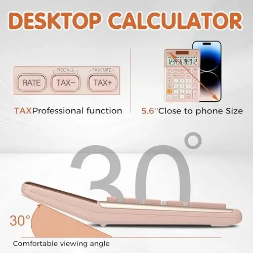 Pendancy Office Small Calculator Desktop with Tax+/- for Tax Calculation, 12 Digit Large LCD Display, Solar Battery Power, Durable Portable Design, Financial Accounting Business Home Use(OS-200T-Pink) - 3