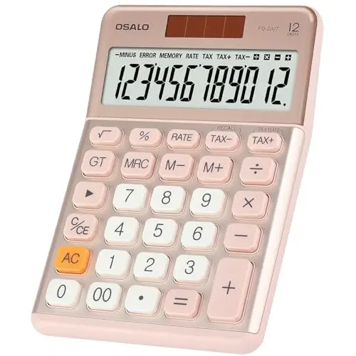 Pendancy Office Small Calculator Desktop with Tax+/- for Tax Calculation, 12 Digit Large LCD Display, Solar Battery Power, Durable Portable Design, Financial Accounting Business Home Use(OS-200T-Pink) - 1
