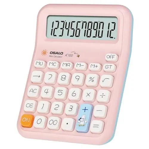 Pendancy Pink Calculator for Kids, Cute Small Calculators Desktop 12 Digit, Basic Function Large LCD Display Big Buttons, for Office, School, Home Use OS-A100 (Pink) - PENDANCY