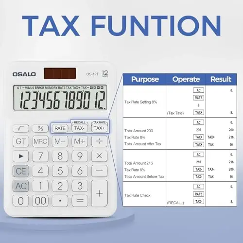 Pendancy Pocket Small Size Desk Calculator, 12 Digit Large LCD Display, Basic Tax Function Handheld Desktop Calculator with Solar Battery Dual Power, for Office, School, Business OS-12T (White) - 4