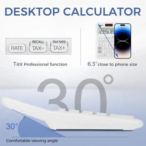 Pendancy Pocket Small Size Desk Calculator, 12 Digit Large LCD Display, Basic Tax Function Handheld Desktop Calculator with Solar Battery Dual Power, for Office, School, Business OS-12T (White) - 2