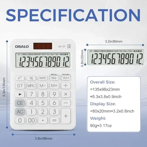 Pendancy Pocket Small Size Desk Calculator, 12 Digit Large LCD Display, Basic Tax Function Handheld Desktop Calculator with Solar Battery Dual Power, for Office, School, Business OS-12T (White) - 3