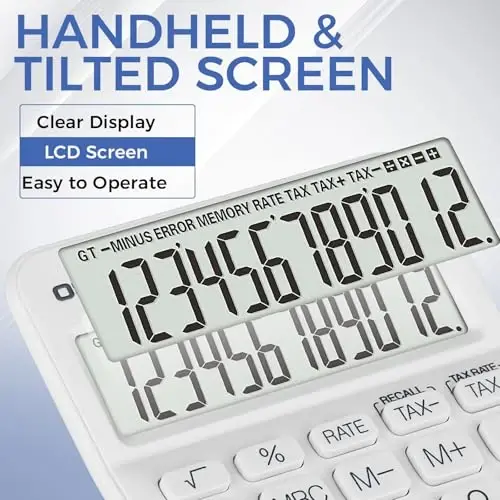 Pendancy Pocket Small Size Desk Calculator, 12 Digit Large LCD Display, Basic Tax Function Handheld Desktop Calculator with Solar Battery Dual Power, for Office, School, Business OS-12T (White) - 5