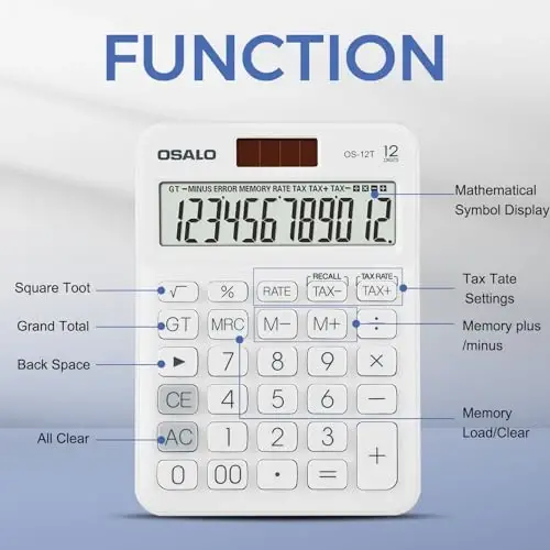 Pendancy Pocket Small Size Desk Calculator, 12 Digit Large LCD Display, Basic Tax Function Handheld Desktop Calculator with Solar Battery Dual Power, for Office, School, Business OS-12T (White) - 6