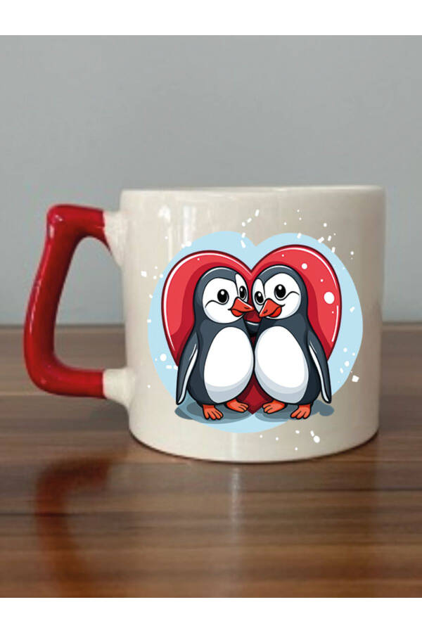 Penguenli Kalpli Kırmızı Kulplu Kupa Bardak Hediyelik Ürünler - Seramik Çay, Kahve Hediyelik Bardağı - Krem Rengi - 1