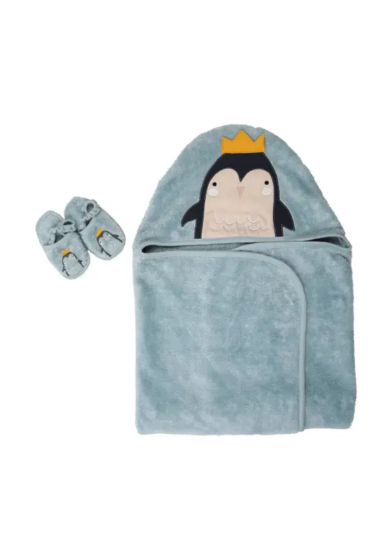 Penguin Towel Swaddle Slipper Set-TURQUOISE - 2