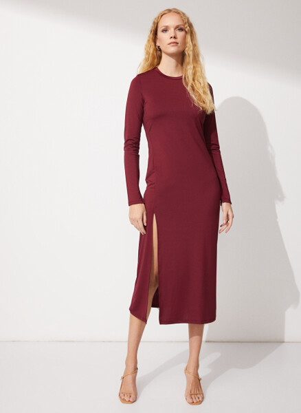 People By Fabrika Bicycle Neck Plain Burgundy Maxi Women's Dress ELBFW22-41 - 2