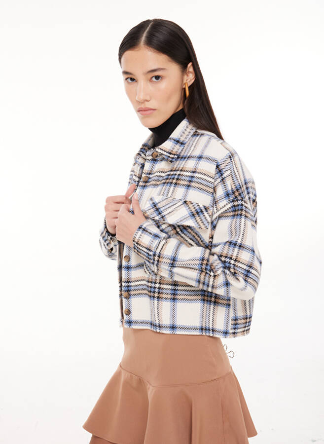 People By Fabrika Crop Shirt Collar Herringbone Pattern Blue Women's Shirt SPBF3WL-GMK5001 - 3