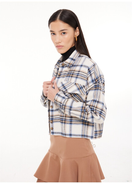 People By Fabrika Crop Shirt Collar Herringbone Pattern Blue Women's Shirt SPBF3WL-GMK5001 - 8