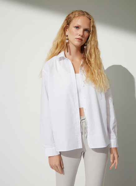 People By Fabrika Oversized Shirt Collar Plain Ecru Women's Shirt OVER - 2