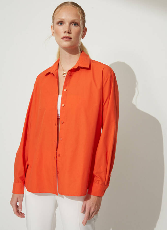 People By Fabrika Oversized Shirt Collar Solid Orange Women's Shirt OVER - 1