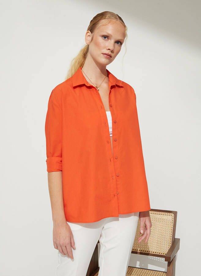 People By Fabrika Oversized Shirt Collar Solid Orange Women's Shirt OVER - 7