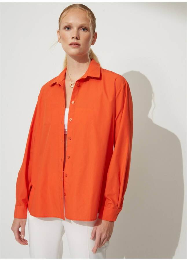 People By Fabrika Oversized Shirt Collar Solid Orange Women's Shirt OVER - 9