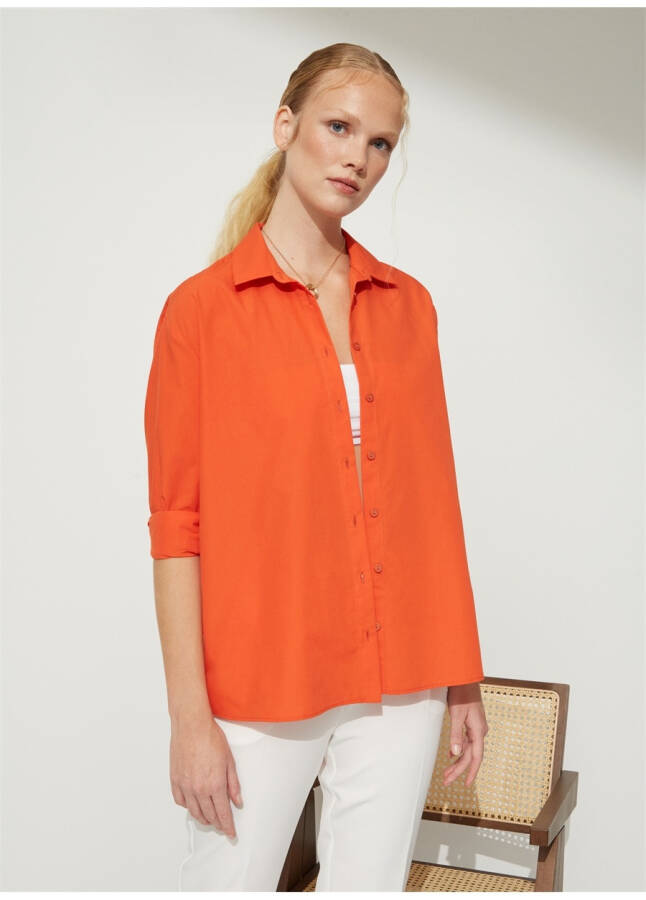 People By Fabrika Oversized Shirt Collar Solid Orange Women's Shirt OVER - 15