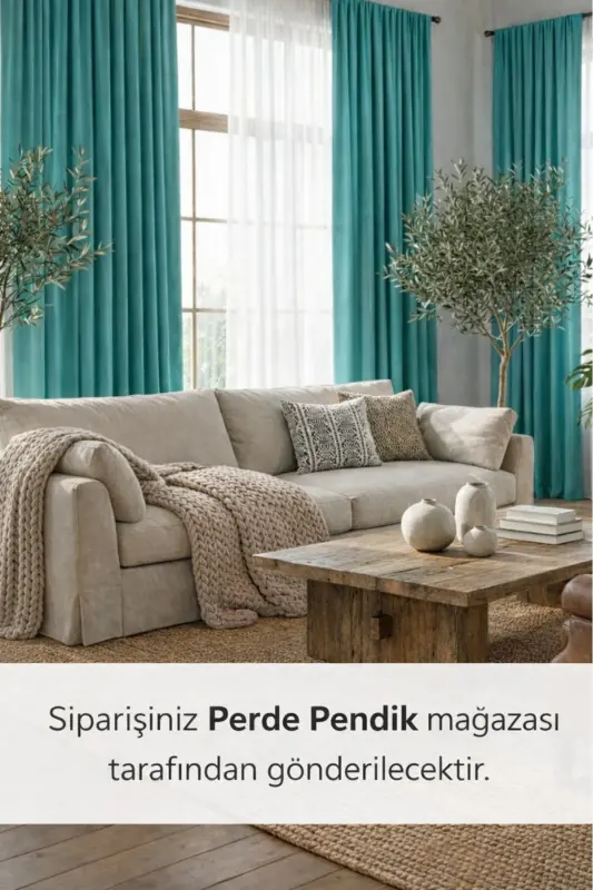 Perde Pendik Kadife Ada Fonluk Turkuaz Tek Kanat Standart Pile Tek Kanat-Turkuaz - 4