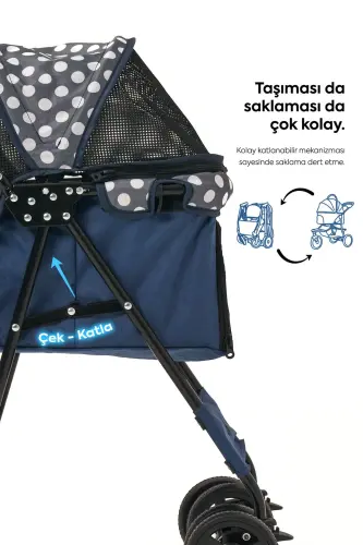 Perez Cat & Dog Stroller Navy Blue, 42x63x89cm - 6