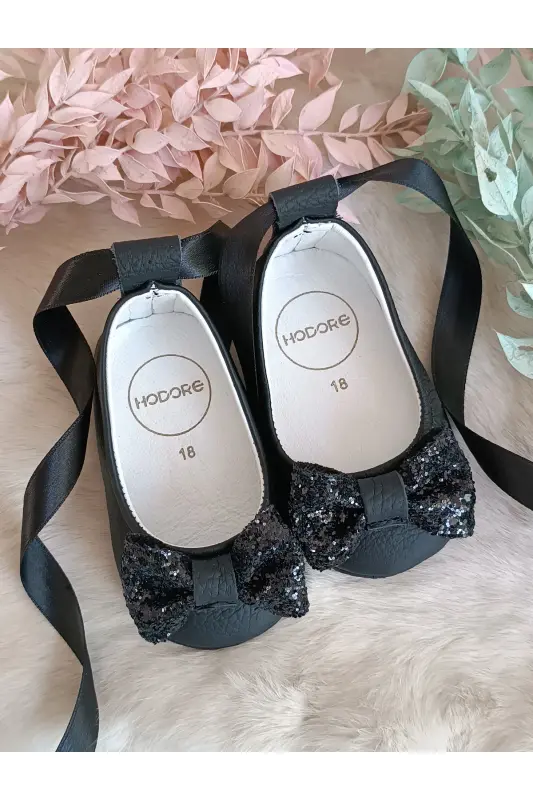 Perla Black Genuine Leather Baby Ballet Shoe-Black Stone - 3