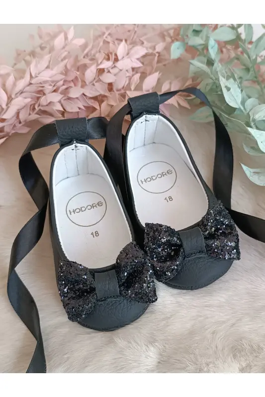 Perla Black Genuine Leather Baby Ballet Shoe-Black Stone - 6