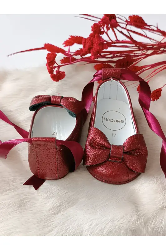 Perla Bordo Genuine Leather Baby Moccasin Ballet Shoes-Burgundy - 3