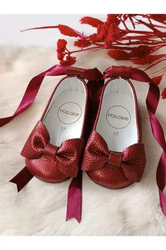 Perla Bordo Genuine Leather Baby Moccasin Ballet Shoes-Burgundy - 4