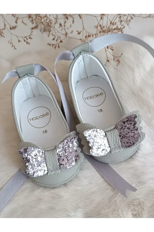 Perla Gri Hakiki Deri Bebek Makosen Babet Ayakkabı-Gri - HODORE