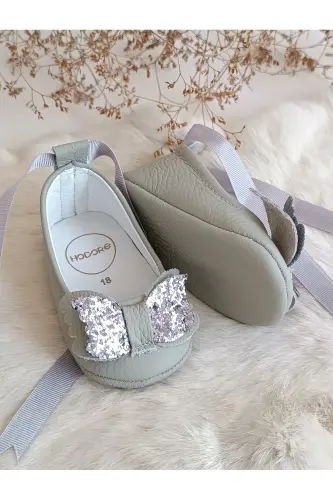 Perla Gri Hakiki Deri Bebek Makosen Babet Ayakkabı-Gri - 4