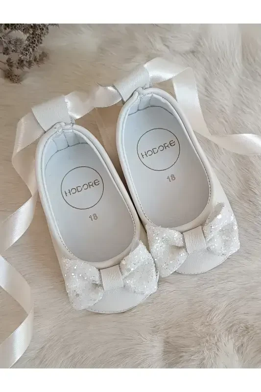 Perla Krem Taşlı Hakiki Deri Bebek Babet Ayakkabı-Krem Taşlı - Modazone