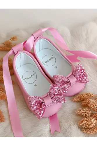 Perla Pembe Hakiki Deri Bebek Makosen Babet Ayakkabı-Pastel Pembe 