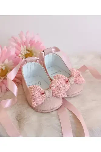 Perla Pudra Genuine Leather Baby Ballet Shoes-Stone Detailed Powder - 1