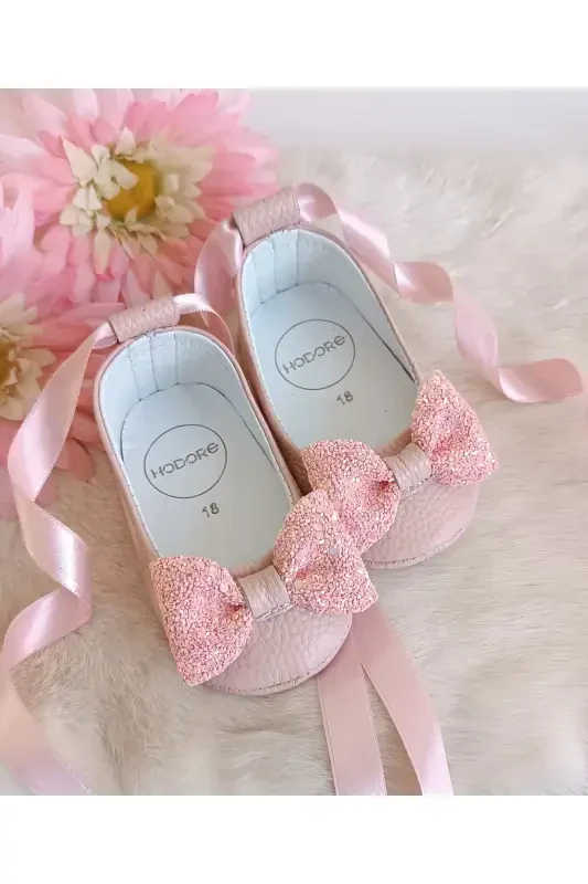 Perla Pudra Genuine Leather Baby Ballet Shoes-Stone Detailed Powder - 2