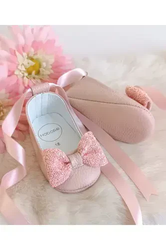 Perla Pudra Genuine Leather Baby Ballet Shoes-Stone Detailed Powder - 3