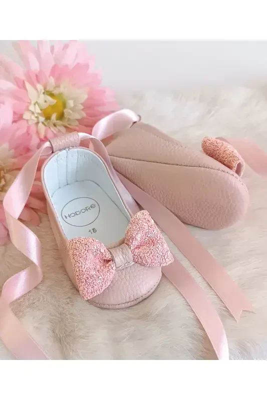 Perla Pudra Genuine Leather Baby Ballet Shoes-Stone Detailed Powder - 3