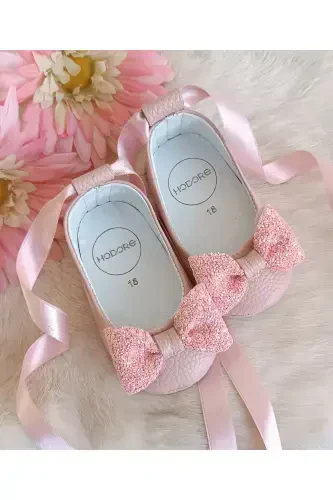 Perla Pudra Genuine Leather Baby Ballet Shoes-Stone Detailed Powder - 4