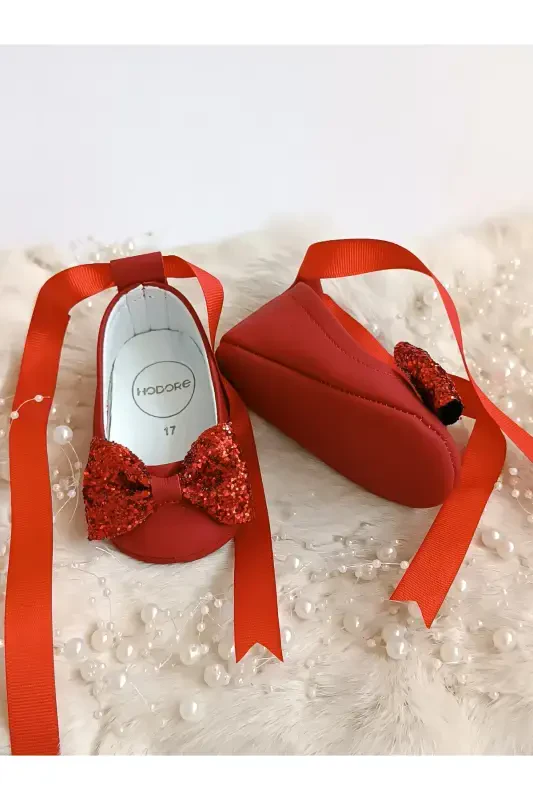 Perla Red Genuine Leather Baby Moccasin Ballet Shoe-Red - 3