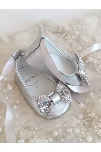 Perla Silver Genuine Leather Baby Moccasin Ballet Shoes-Silver - 7