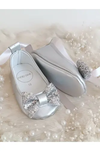Perla Silver Genuine Leather Baby Moccasin Ballet Shoes-Silver - 8