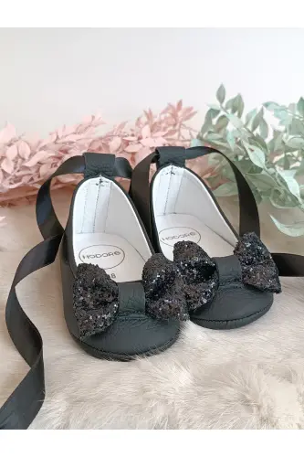 Perla Siyah Hakiki Deri Bebek Babet Ayakkabı - Siyah Taşlı 