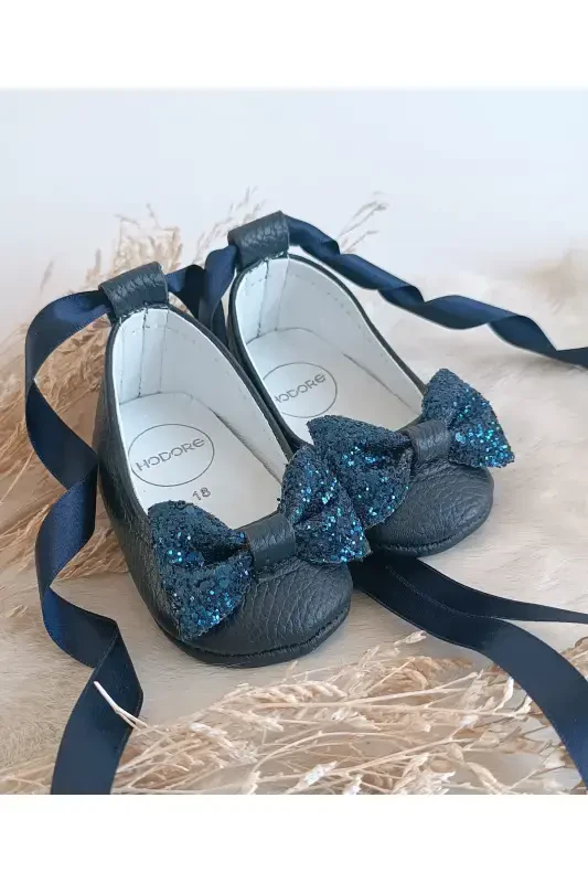 Perla Stone Navy Blue Genuine Leather Baby Ballet Shoes-Stone Navy Blue - HODORE
