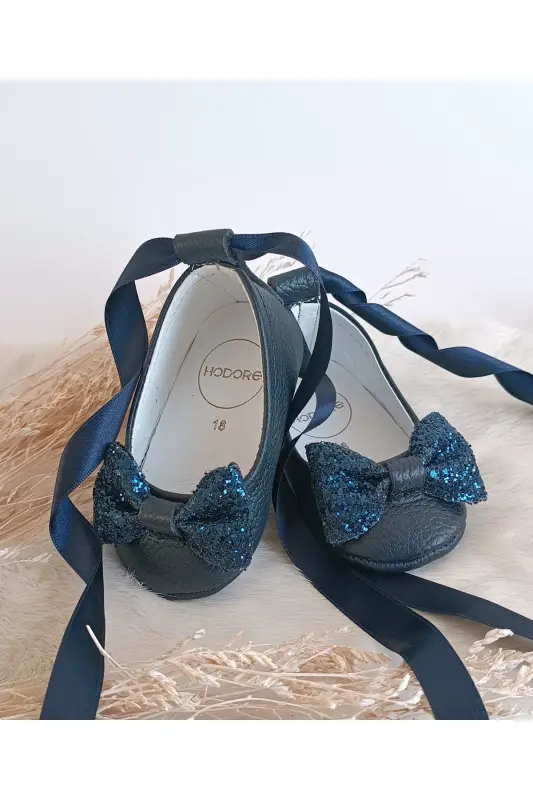 Perla Stone Navy Blue Genuine Leather Baby Ballet Shoes-Stone Navy Blue - 2