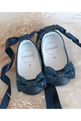 Perla Stone Navy Blue Genuine Leather Baby Ballet Shoes-Stone Navy Blue - 3