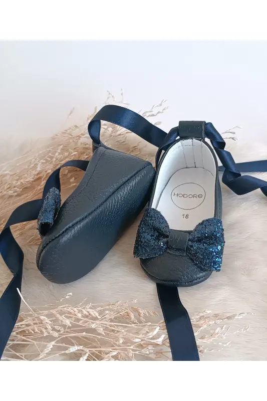 Perla Stone Navy Blue Genuine Leather Baby Ballet Shoes-Stone Navy Blue - 4