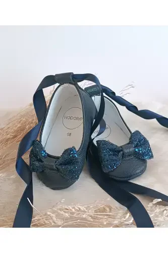 Perla Taşlı Lacivert Hakiki Deri Bebek Babet Ayakkabı-Taşlı Lacivert - 2
