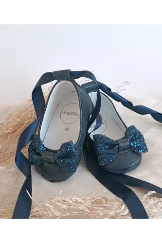 Perla Taşlı Lacivert Hakiki Deri Bebek Babet Ayakkabı-Taşlı Lacivert - HODORE (1)