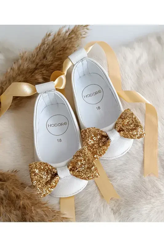 Perla Taşлы Крем Hakiki Deri Bebek Babet Ayakkabı-Gold Taşлы - 1