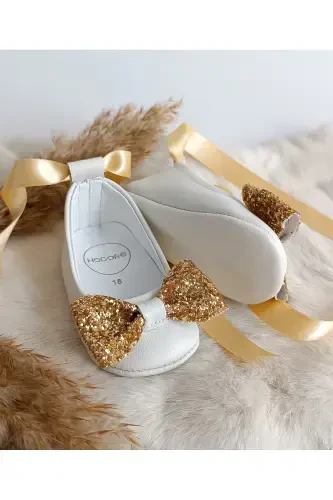 Perla Taşлы Крем Hakiki Deri Bebek Babet Ayakkabı-Gold Taşлы - 3