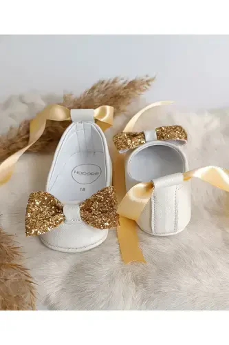 Perla Toshli Krem Haqiqiy Teri Bebek Babet Oyoq Kiyim-Oltin Toshli - HODORE (1)