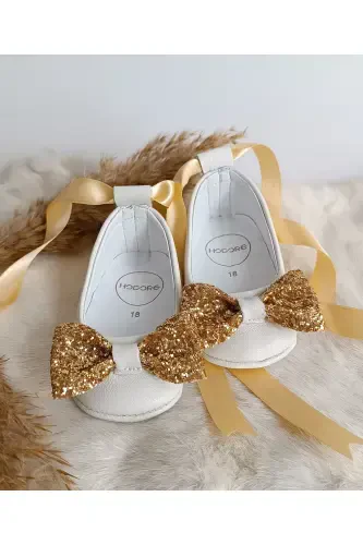 Perla Toshli Krem Haqiqiy Teri Bebek Babet Oyoq Kiyim-Oltin Toshli - 4