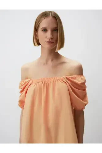 Персик 100% хлопок квадратный воротник блузка с рукавами-буфф - 5