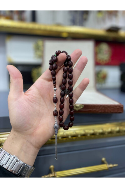 Personalized amber prayer beads with a silver tassel, presented in a gift box. - 1